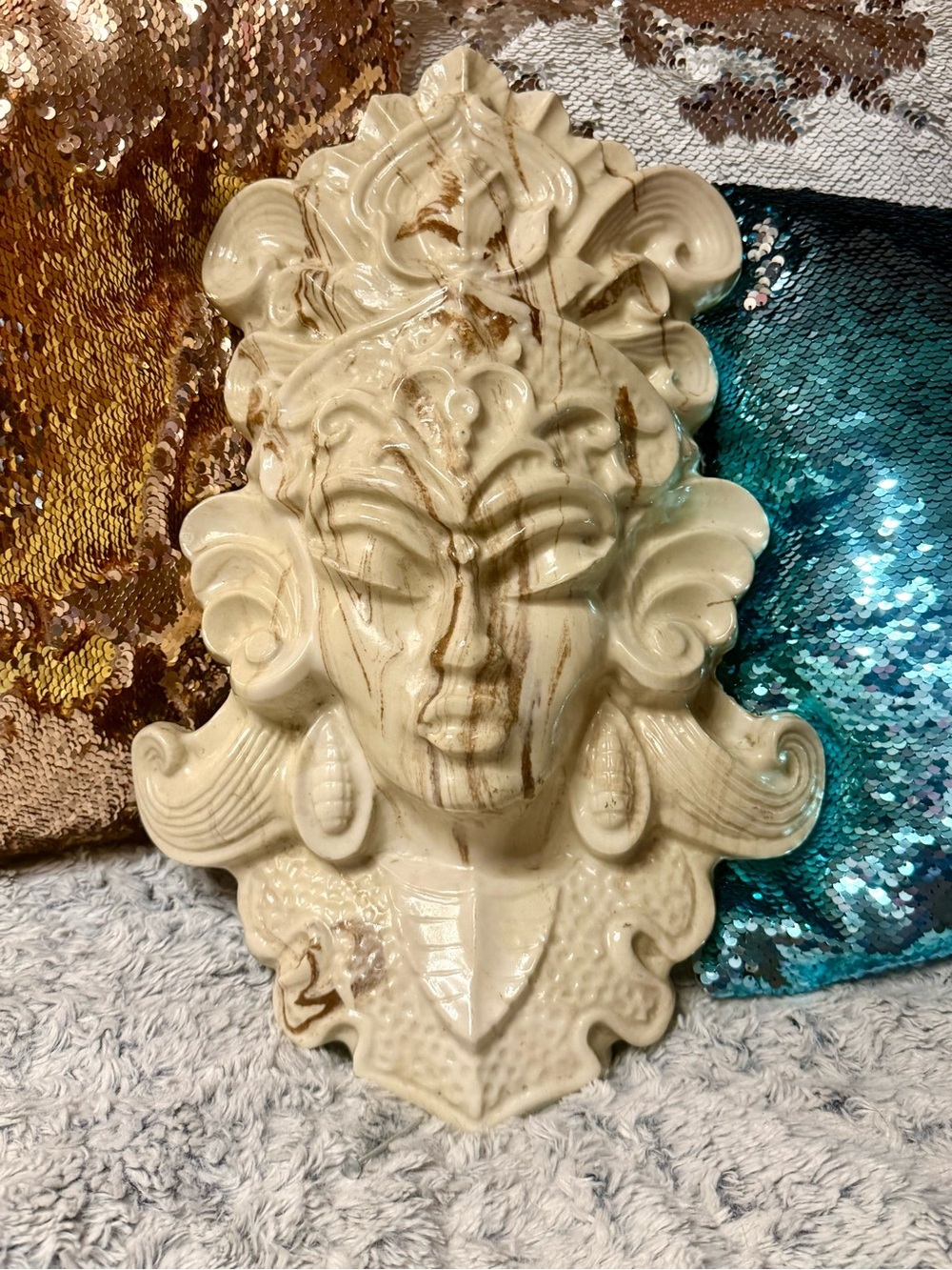 Handcrafted Vtg MCM Volcanic Ash Stone Deity Plaque Goddess Buddha Tara Bust